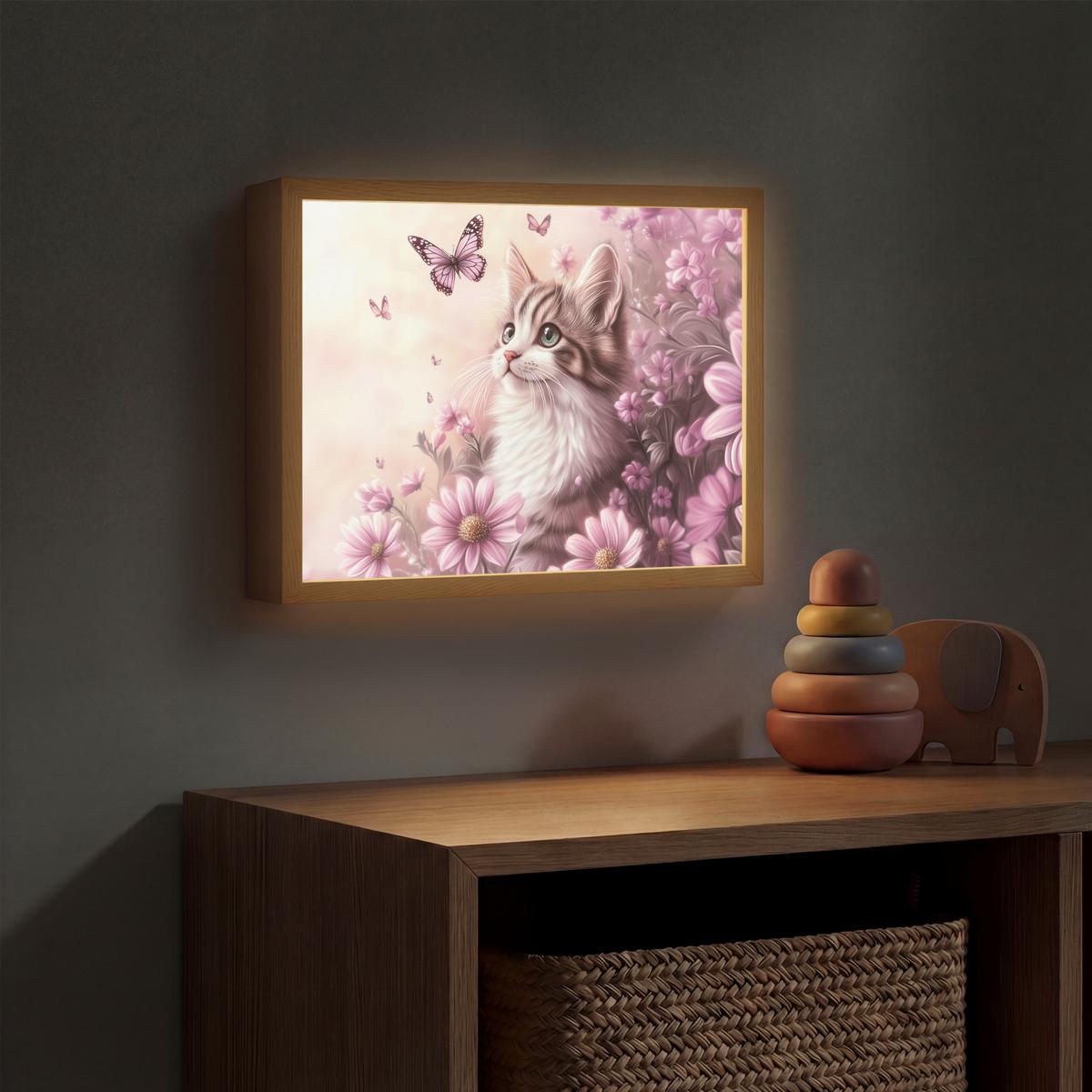 WANDLEUCHTE MIT AKKU Kätzchen - Blumen - Schmetterlinge - Lila 40x30 cm - Altrosa, Holzwerkstoff (40/30/8cm) - OnlyWow