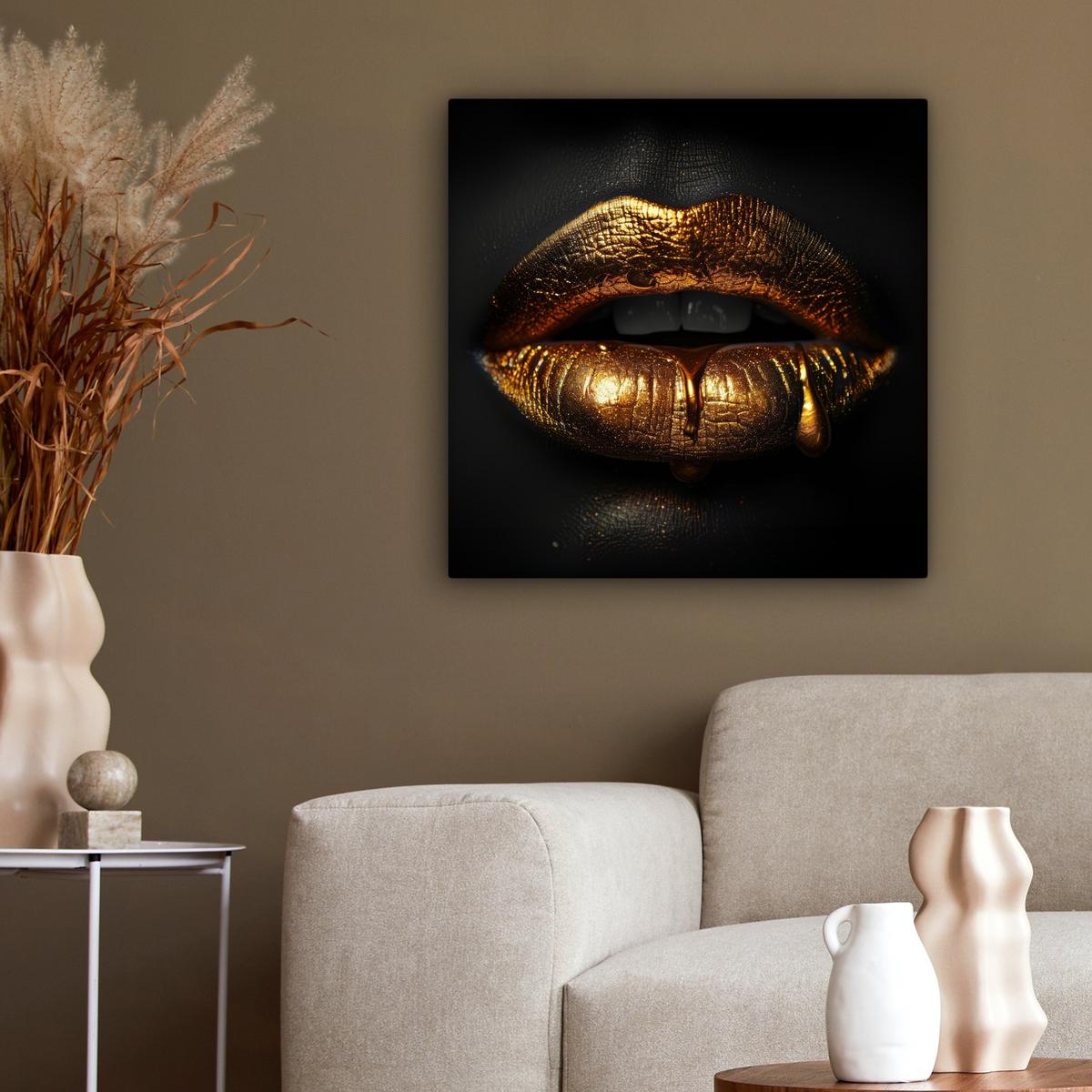 LEINWANDBILD Frau - Porträt - Lippen - Gold - Schwarz Wandbild Wohnzimmer 50x50 cm - Schwarz, Textil (50/50cm) - MuchoWow