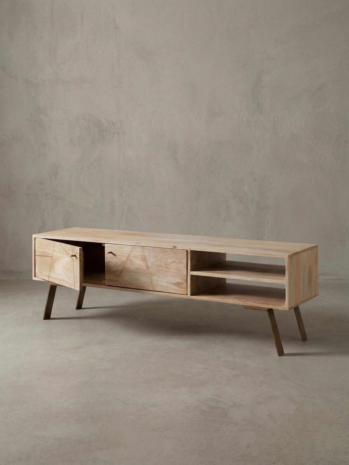 LOWBOARD Mango Massivholz Metall Landhausstil Modell Garda für Fernseher bis 55 Zoll - Goldfarben/Braun, Holz/Metall (145/47/35cm) - KADIMA DESIGN