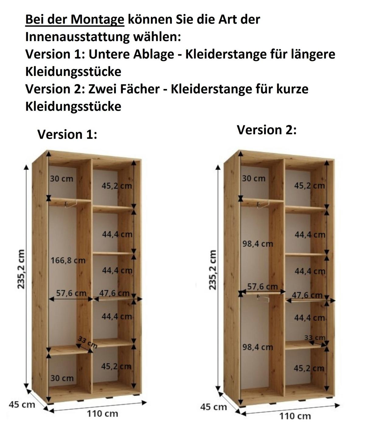 SCHWEBETÜRENSCHRANK 235,2/110/45 2-türig - Kaschmir/Schwarz, Holz/Metall (110/235.2/45cm) - MÖBEL KRYSPOL