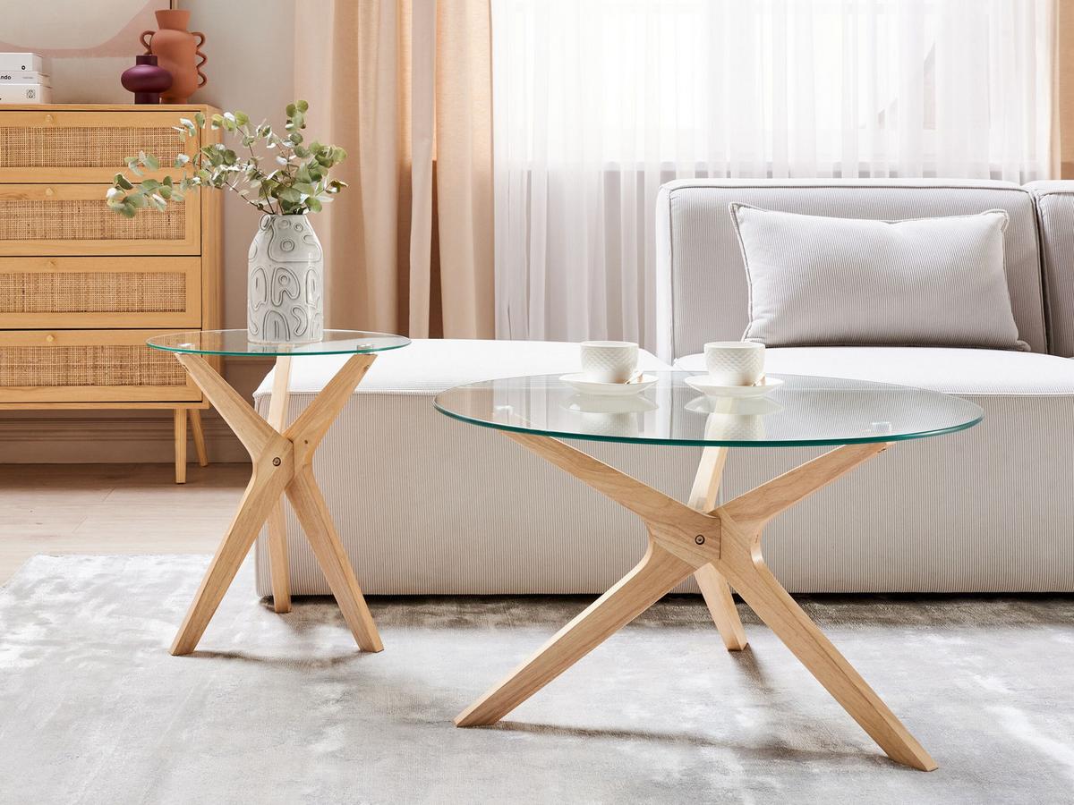 COUCHTISCH 2er-Set Rund Transparent, Hell Holz Valley 80/80 cm - Transparent, Glas (80/80/46cm) - Beliani