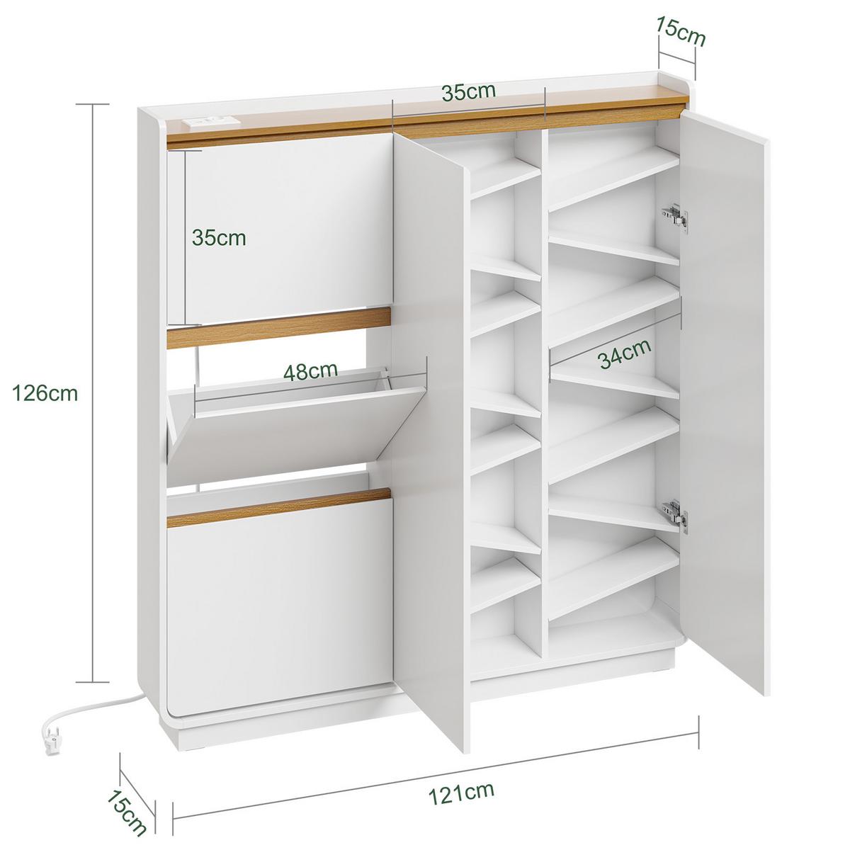 SCHUHSCHRANK mit Klappen und Steckdose FSR229-E-WN - Ahornfarben/Weiß, Holzwerkstoff/Fell (15/126/121cm) - SoBuy