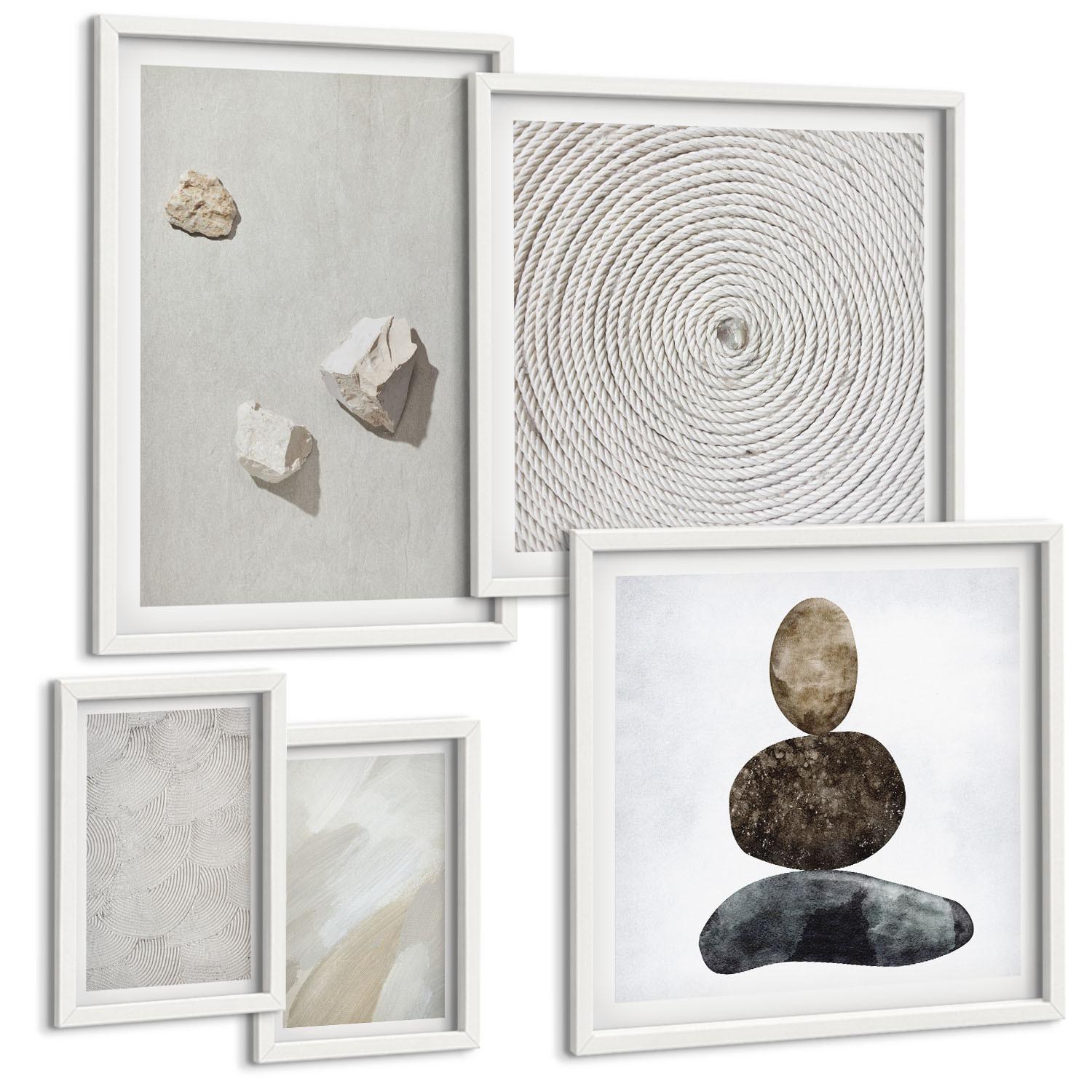BILDER SET 5er Set - 50x50 cm & 20x30 cm & 40x60 cm Weißer Rahmen - Sandsteine moderne Farbe - Weiß, Kunststoff (40/60cm) - TULUP