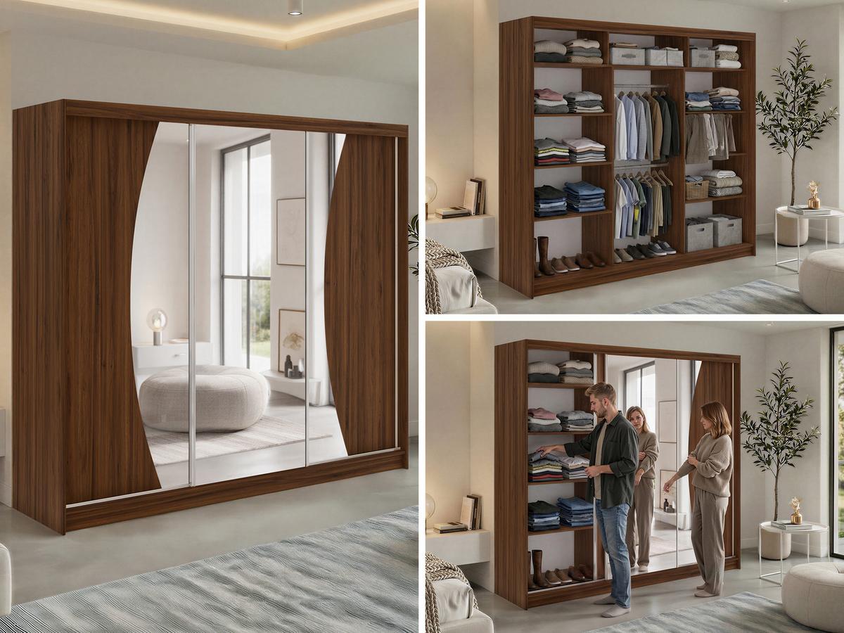 SCHWEBETÜRENSCHRANK 240 - VERONA - Warmia Walnuss mit Spiegel - Walnussfarben/Alufarben, Holzwerkstoff/Metall (240/216/61cm) - MKS