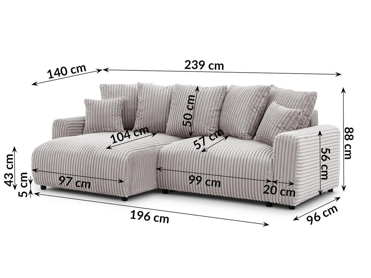 ECKSOFA Calma mit Schlaffunktion und Bettkasten im Bumpy-Design aus weichem Hellgrau Plüschcord - Ottomane links - Hellgrau/Schwarz, Holz/Kunststoff (239/140cm) - S-Style