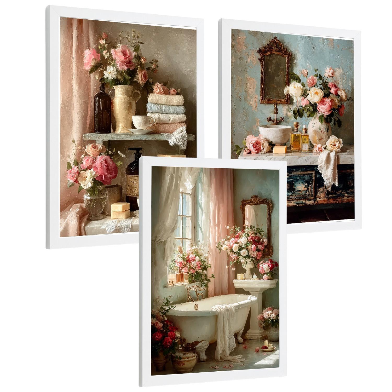 POSTER 3er-Set dekorative Badezimmerdrucke, romantischer Stil, Bilder mit Rosen Badewanne und Parfums, Blumenposter, Wohndekoration Weißer Rahmen A4 - Weiß, Papier (29.7/21/3cm) - Nacnic
