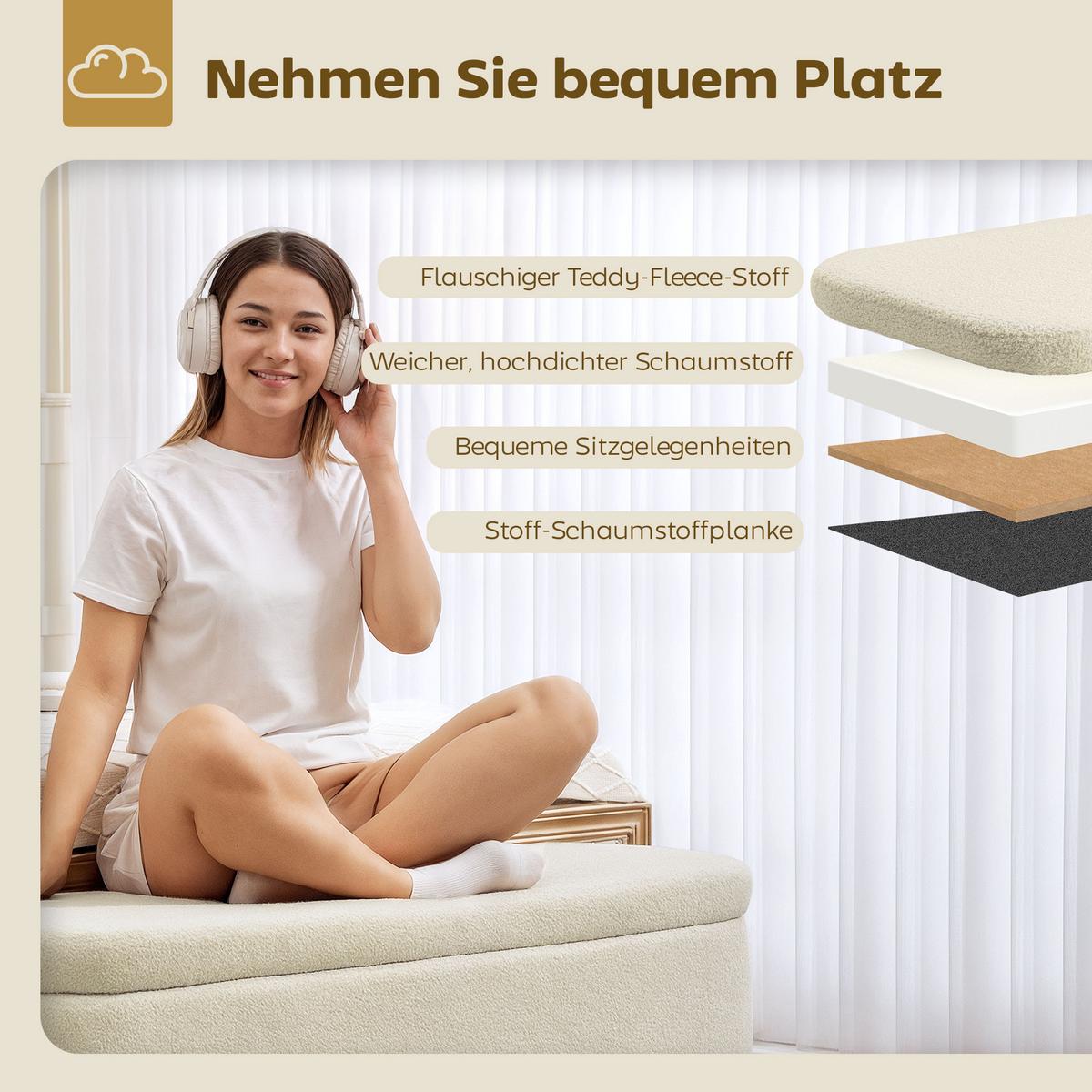 SITZBANK Polyester Kautschukholz Beige - Beige/Naturfarben, Holz/Textil (42/45/120cm) - HOMCOM