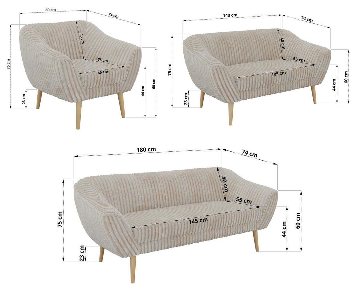 SITZGARNITUR PIRS 3+2+1 - Beige Cord - Holzbeine - Beige/Buchefarben, Holzwerkstoff/Textil (180/75/74cm) - MKS