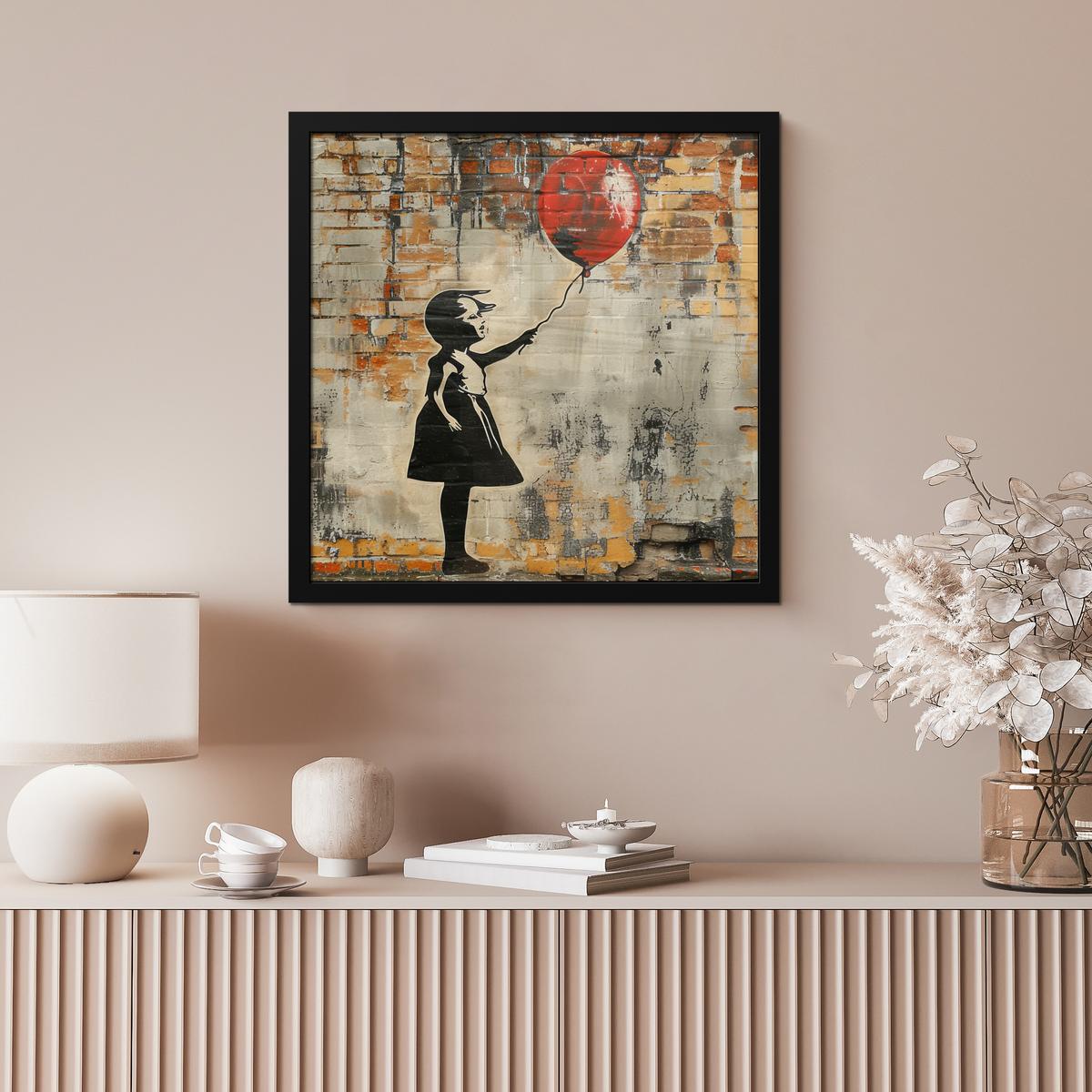POSTER MIT RAHMENGERAHMTES BILD Graffiti - Banksy - Mädchen - Straßenkunst 40x40 cm - Sandfarben, Papier (40/40cm) - MuchoWow