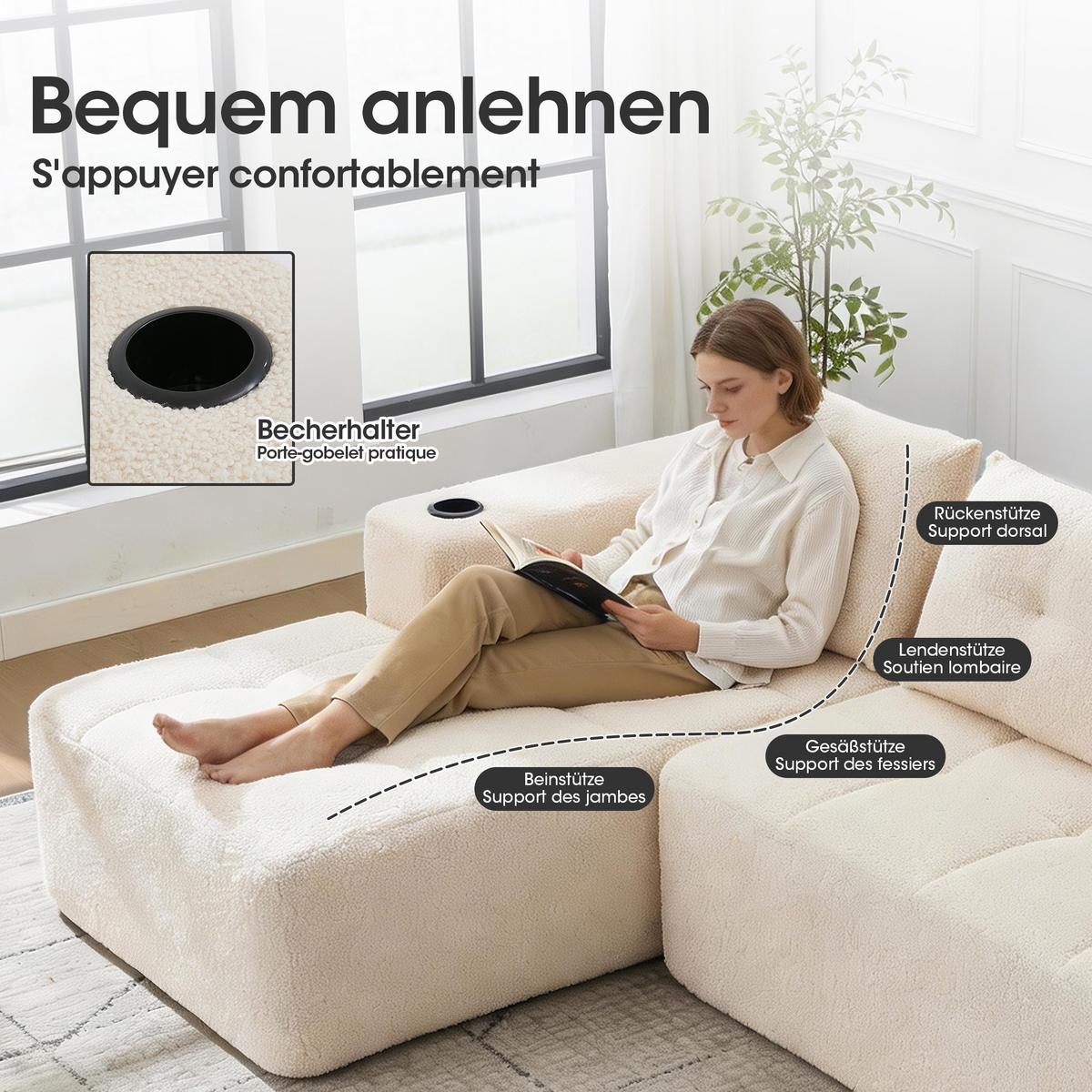 ECKSOFA chenille L-form mit getränkehaltern & 3 kissen - Beige, Textil (258/163cm) - Urban Meuble
