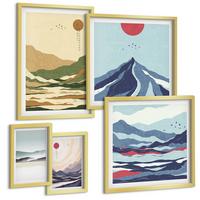 BILDER SET 5er Set - 50x50 cm & 20x30 cm & 40x60 cm Goldrahmen - Berge minimalistische Pastellfarben - Goldfarben, Kunststoff (40/60cm) - TULUP