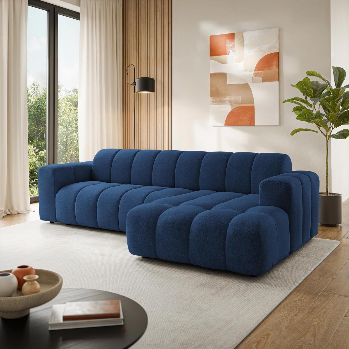 ECKSOFA SETIA Blau Strukturstoff mit Schlaffunktion - Blau, Holz (304/165cm) - MASSENO