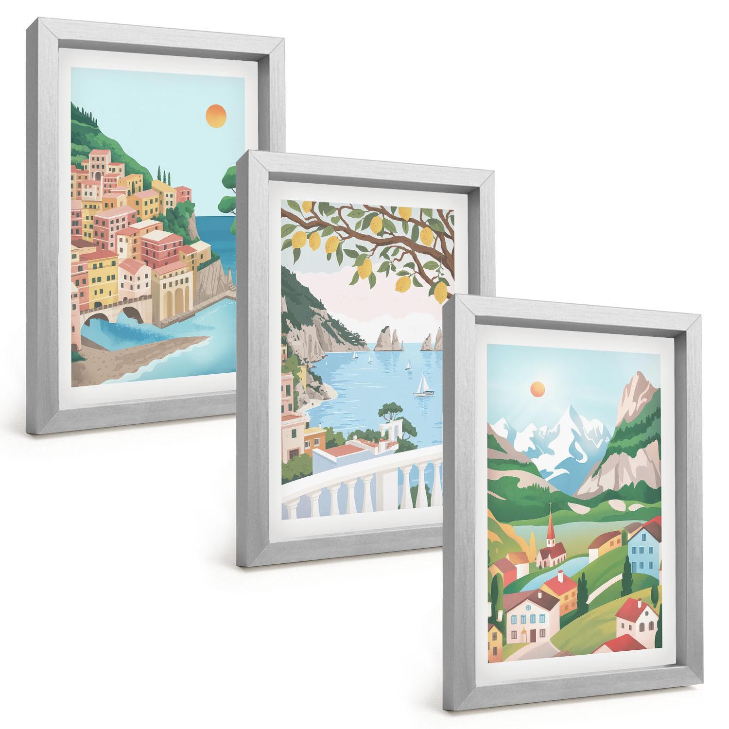 BILDER SET 3er Set - 20x30 cm Silberner Rahmen - Pastellfarbene Küstenansichten - Silberfarben, Kunststoff (20/30cm) - TULUP