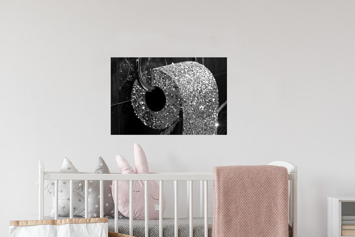 WANDTATTOO WC - Toilettenpapier - Schwarz und weiß - Glitter Deko Wohnzimmer 60x40 cm - Silberfarben, Kunststoff (60/40/0.1cm) - MuchoWow
