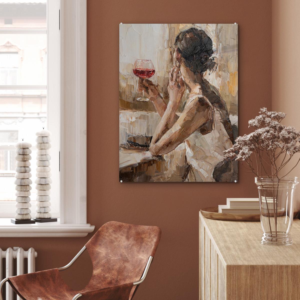 ACRYLGLASBILD Ölgemälde - Frau - Wein 60x80 cm - Hellbraun, Glas (60/80cm) - MuchoWow