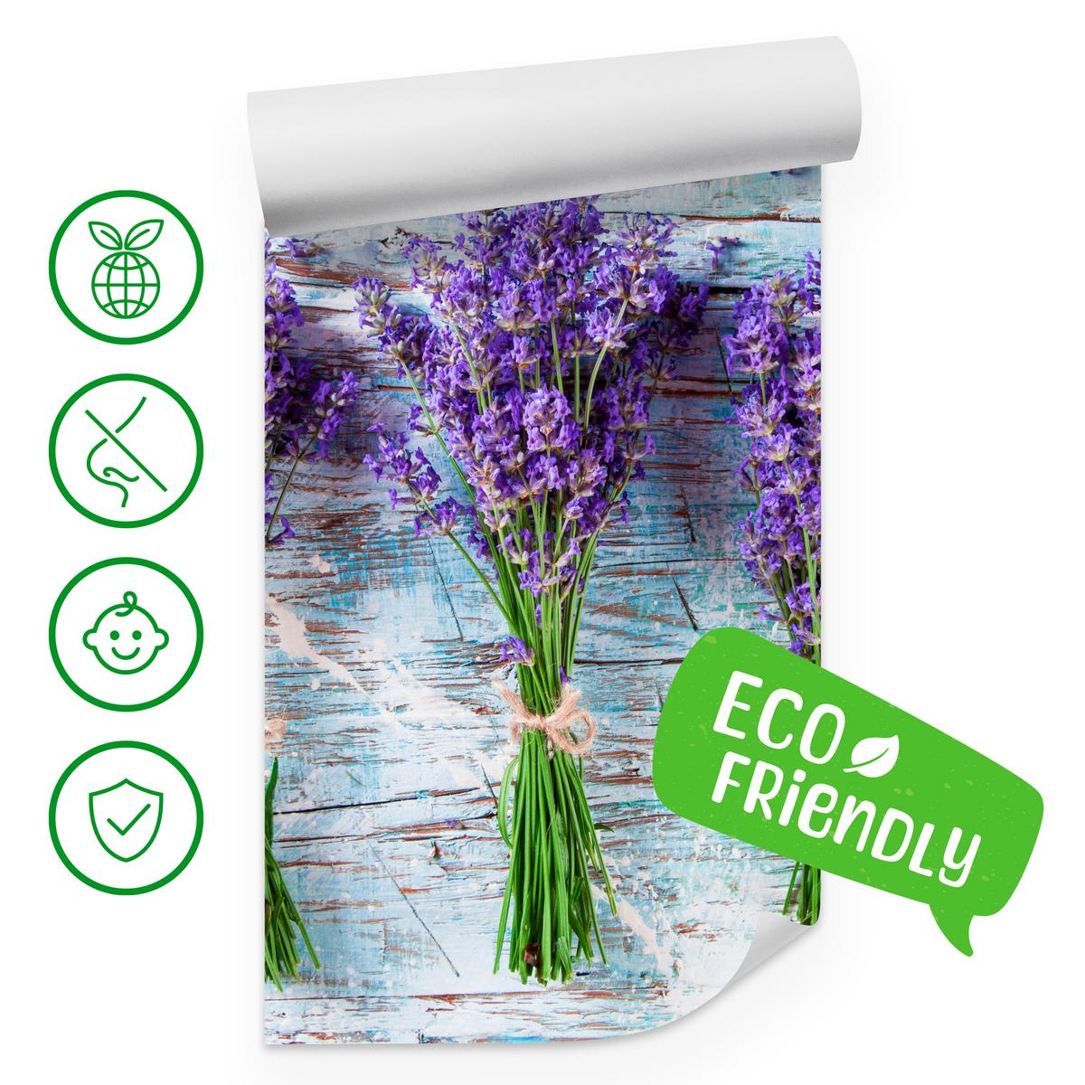 FOTOTAPETE für Küche Lavendelblüten Lila Holz Rustikal 300x210 - Violett/Weiß, Papier (300/210cm) - Muralo