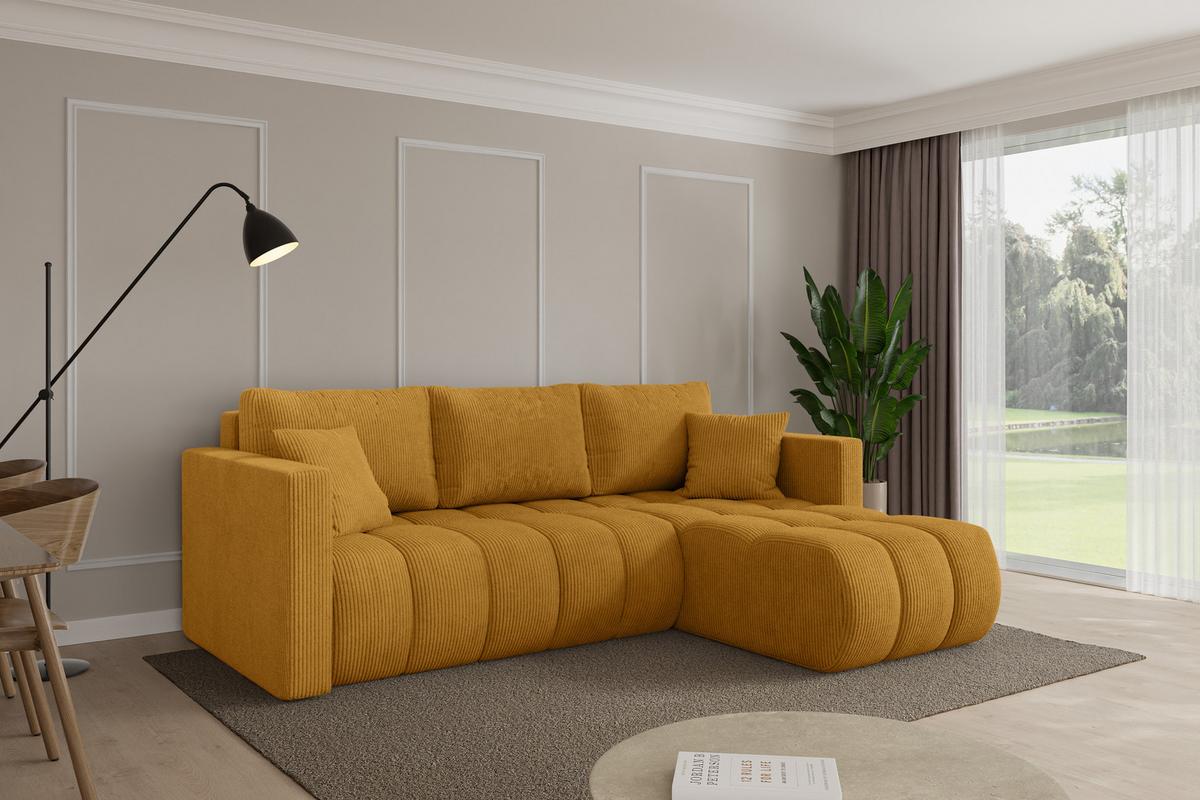 ECKSOFA mit Schlaffunktion Ottomane Rechts GARD-L 226x146x85 Senfgelb Cord - Dunkelgelb/Schwarz, Holzwerkstoff/Kunststoff (226/146cm) - ALTDECOR