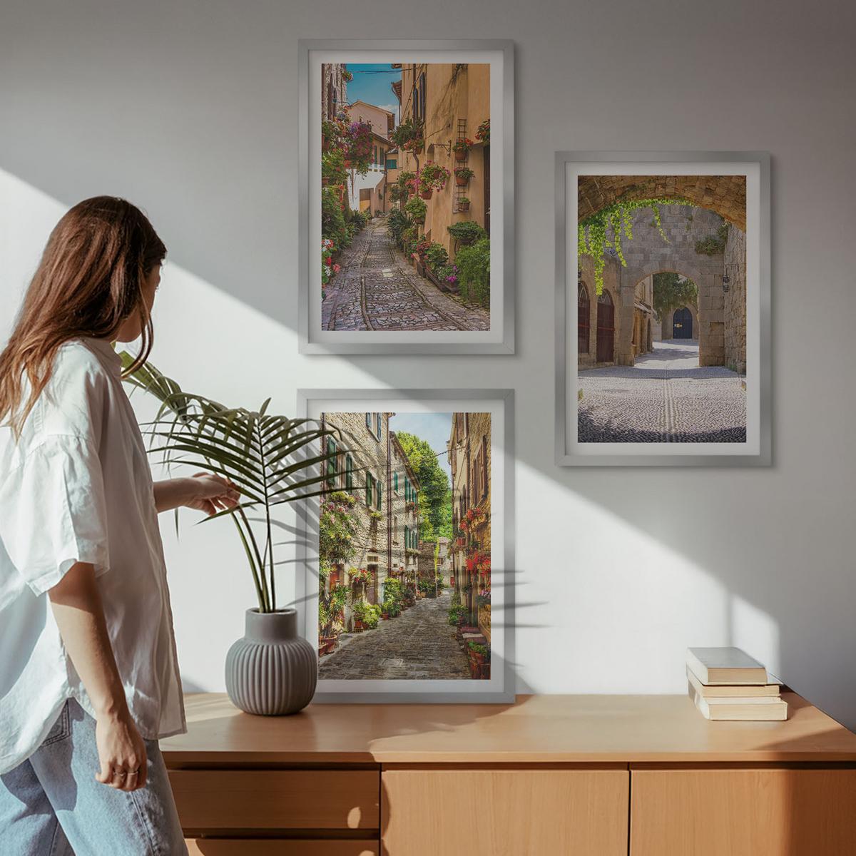 BILDER SET 3er Set - 40x60 cm Silberner Rahmen - Italienische Straßen, Blumen, Architektur - Silberfarben, Kunststoff (40/60cm) - TULUP