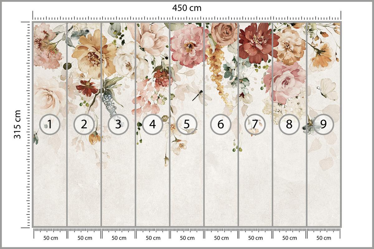 FOTOTAPETE für Esszimmer Aquarellblumen Blätter Pflanzen Pfingstrosen Rosen 450x315 - Multicolor, Papier (450/315cm) - Muralo
