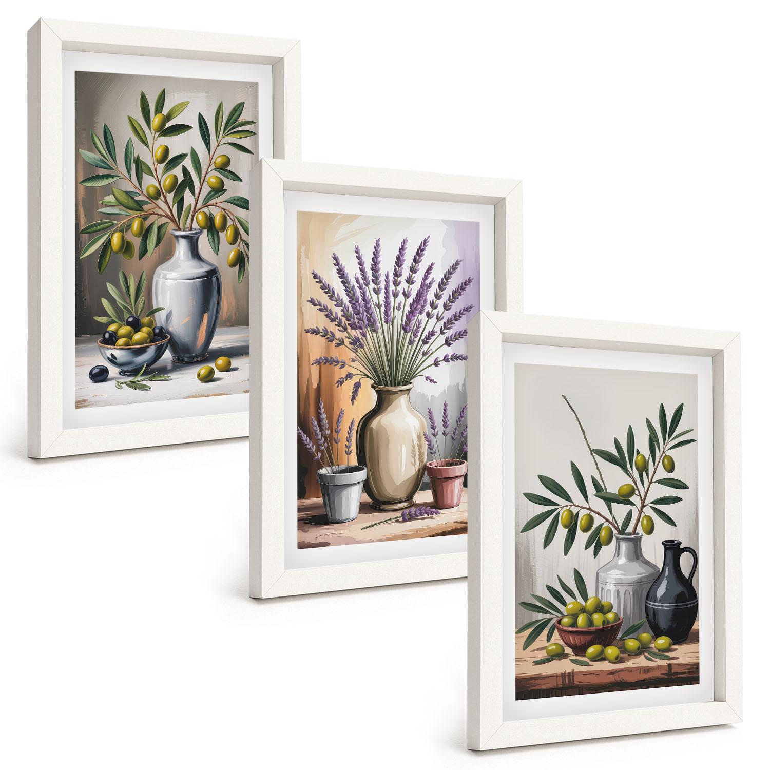 BILDER SET 3er Set - 20x30 cm Weißer Rahmen - Olivenblüten in Vasen im Hintergrund - Weiß, Kunststoff (20/30cm) - TULUP