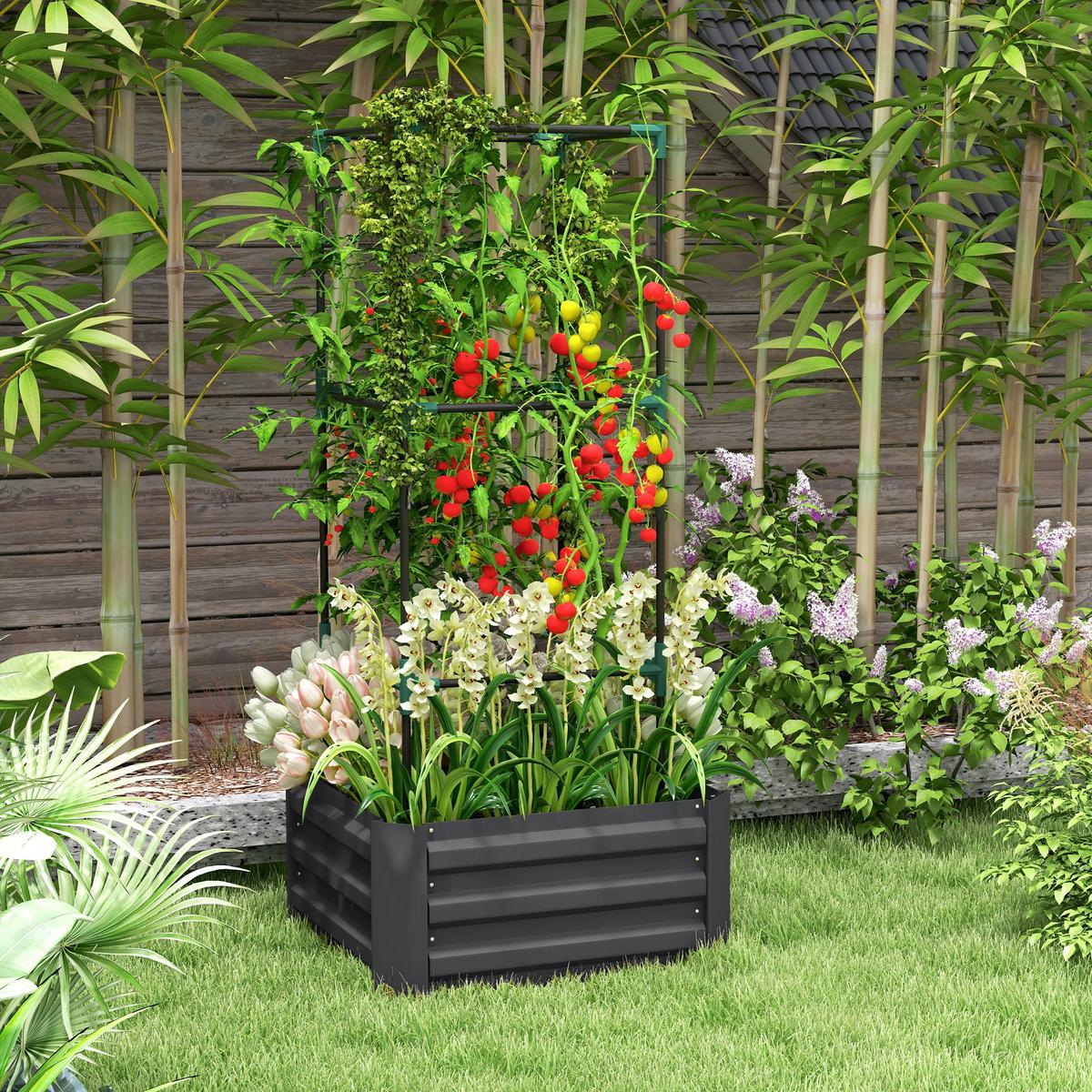 HOCHBEET mit Rankhilfe offenem Boden, Gemüsebeet für Garten - Dunkelgrau, Metall (61/140/61cm) - Outsunny