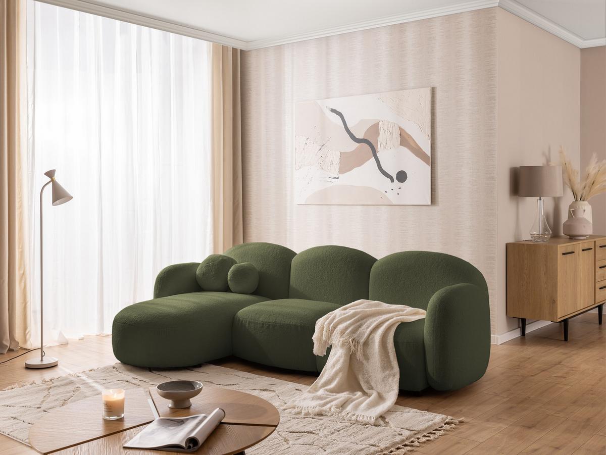 ECKSOFA Nuvola mit abgerundetem Design Grün Bouclé-Stoff - Ottomane Links - Schwarz/Grün, Holz/Kunststoff (268/146cm) - S-Style Möbel