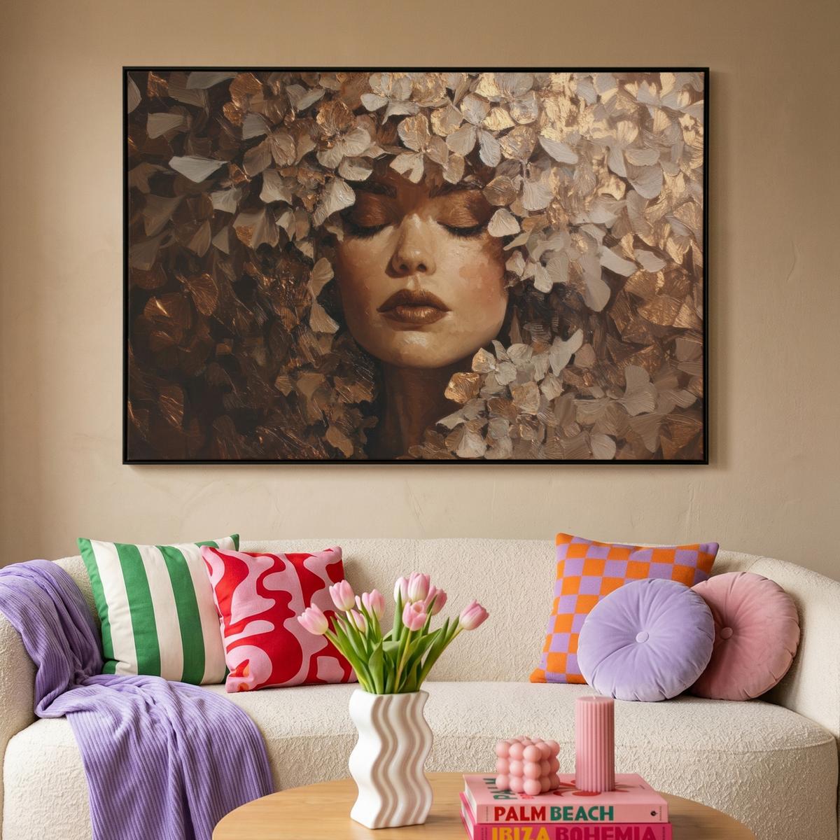 LEINWAND Bilder mit Rahmen - Gesicht - Dame - Blätter - Pinselstriche - 140x90 - Goldfarben, Textil (140/90cm) - MuchoWow