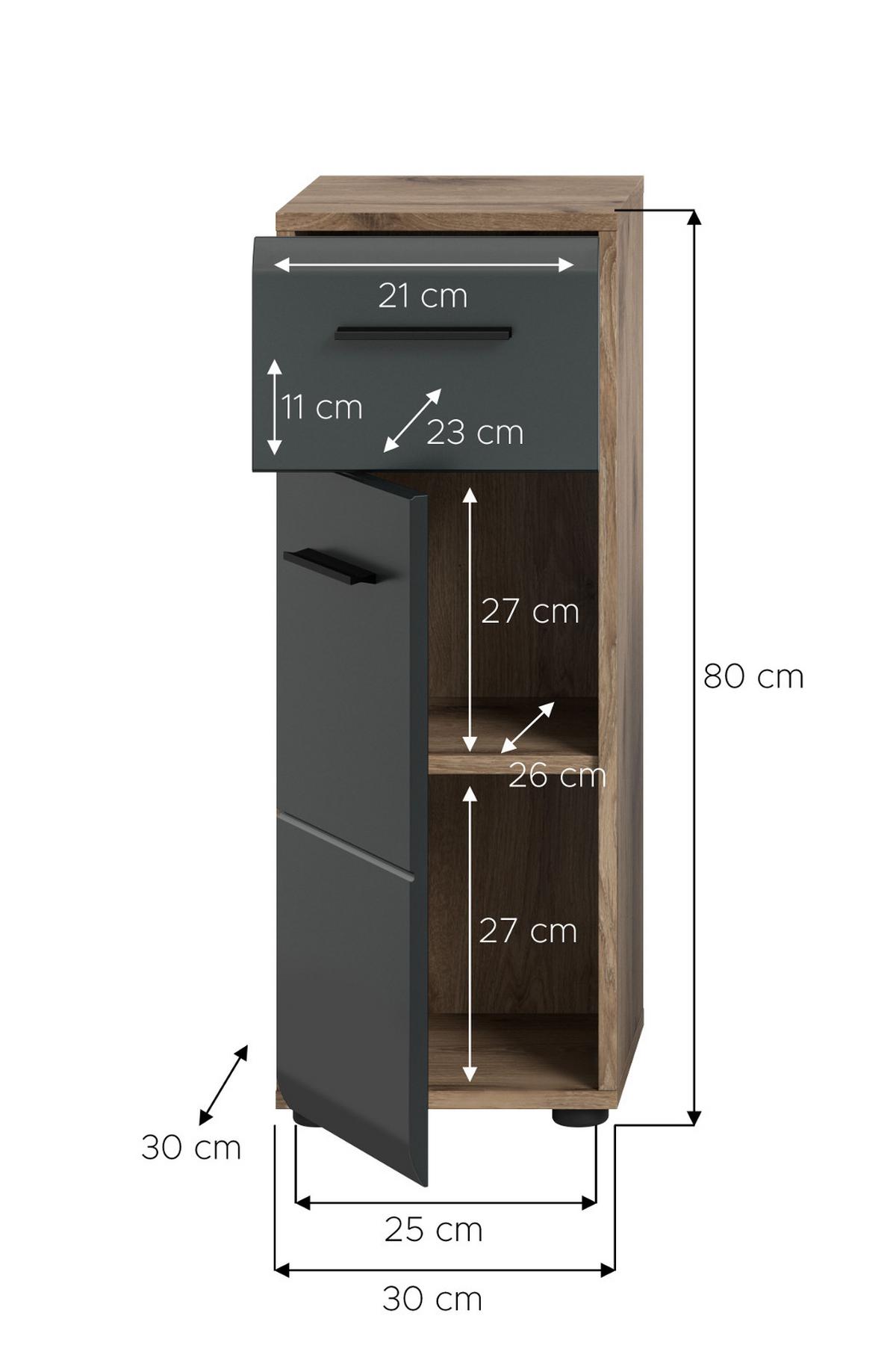 MIDISCHRANK schwarz matt, Eiche Nox, Bad Kommode 30 x 80 cm mit Vollauszug - Eichefarben/Schwarz, Holzwerkstoff/Kunststoff (30/80/30cm) - Inn.Furn
