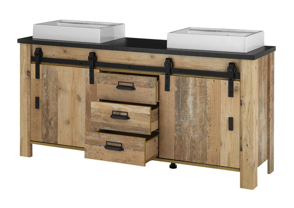 DOPPELWASCHTISCH Used Wood hell, anthrazit, Waschtisch Komplett-Set inkl. 2x Waschbecken, 164 cm - Eichefarben/Anthrazit, Holz/Holzwerkstoff (164/81/43cm) - Furn.Design