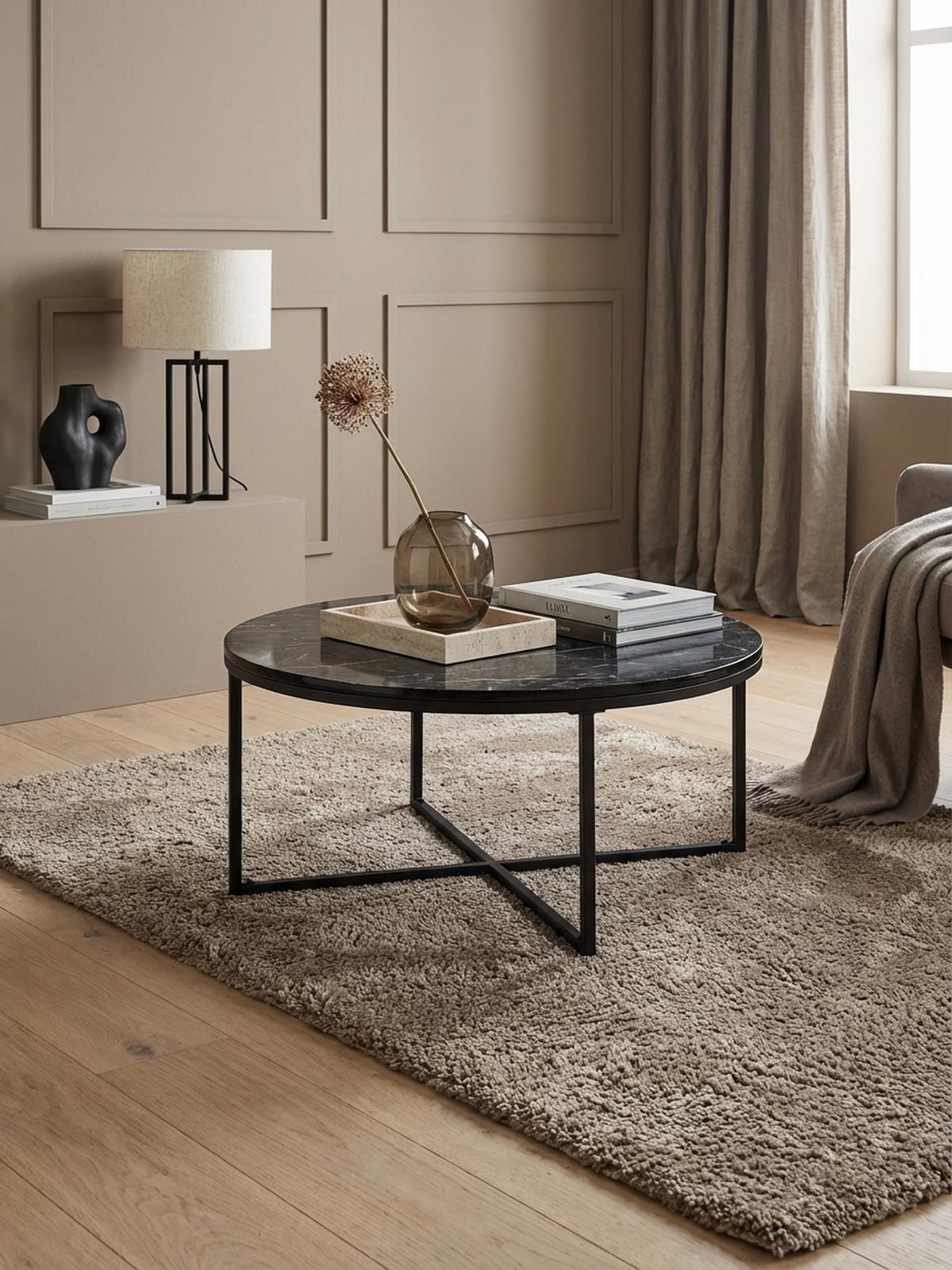 COUCHTISCH mit Marmor-Optik und Hochglanz-Finish, rund, Schwarz 80x80x35 cm - Schwarz, Holz/Metall (80/80/35cm) - KADIMA DESIGN