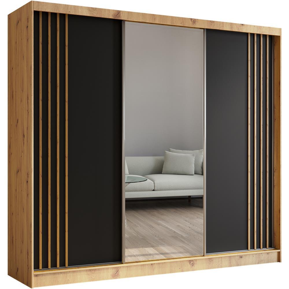 SCHWEBETÜRENSCHRANK Nela II 240/216/61 eiche artisan mit Schubladen - Schwarz/Eiche Artisan, Holzwerkstoff (240/216/61cm) - Beautysofa