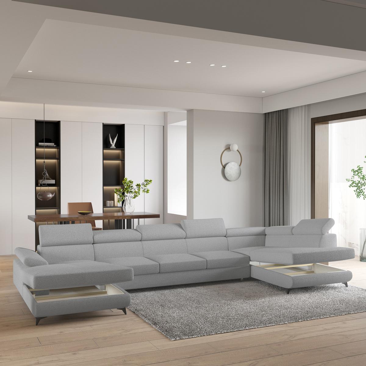 WOHNLANDSCHAFT MONTIVA Hellgrau Boucle-Stoff mit Schlaffunktion - Hellgrau, Holz (410/89/190cm) - MASSENO