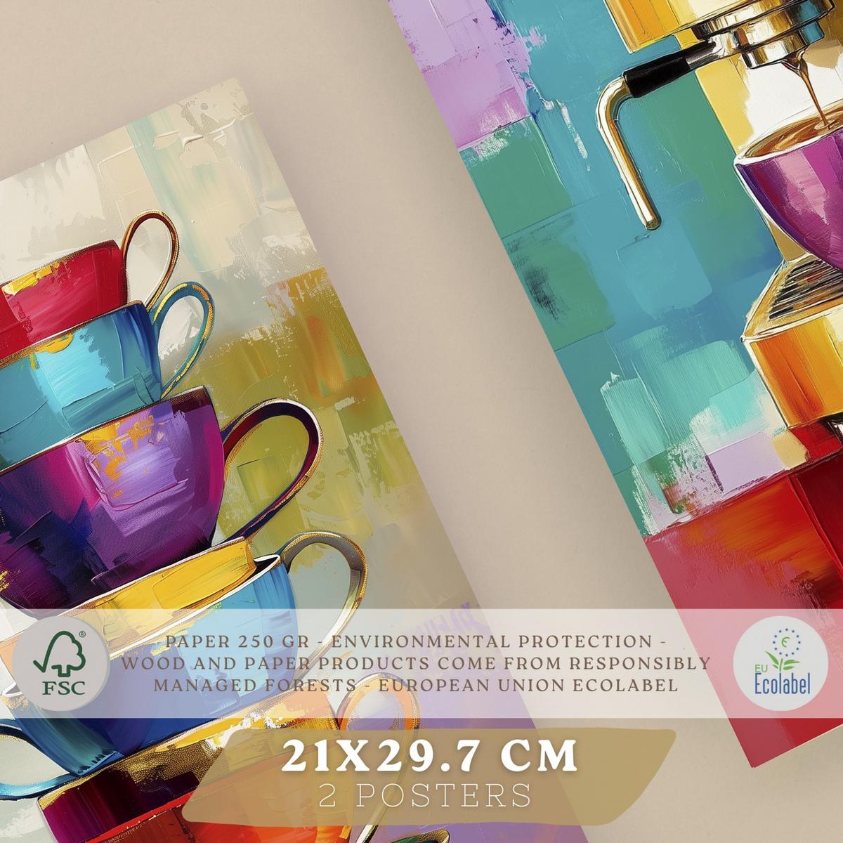 POSTER 2er Set Küchen-Wandbilder Kaffeetassen und Espressomaschine Pop Art Bunt Esszimmer Wanddeko Rahmenlos A4 - Klar, Papier (29.7/1/21cm) - Nacnic