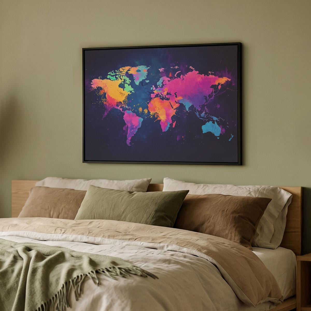 LEINWAND Bilder mit Rahmen - Weltkarte - Bunt - Graffiti - 80x60 - Multicolor, Textil (80/60cm) - MuchoWow