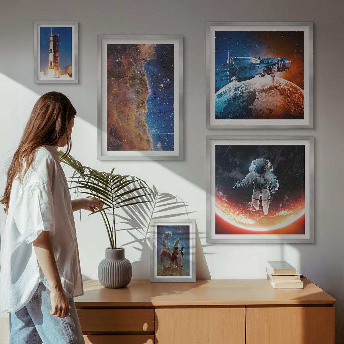 BILDER SET 5er Set - 50x50 cm & 20x30 cm & 40x60 cm Silberner Rahmen - Farbenfrohes abstraktes Porträt - Silberfarben, Kunststoff (40/60cm) - TULUP