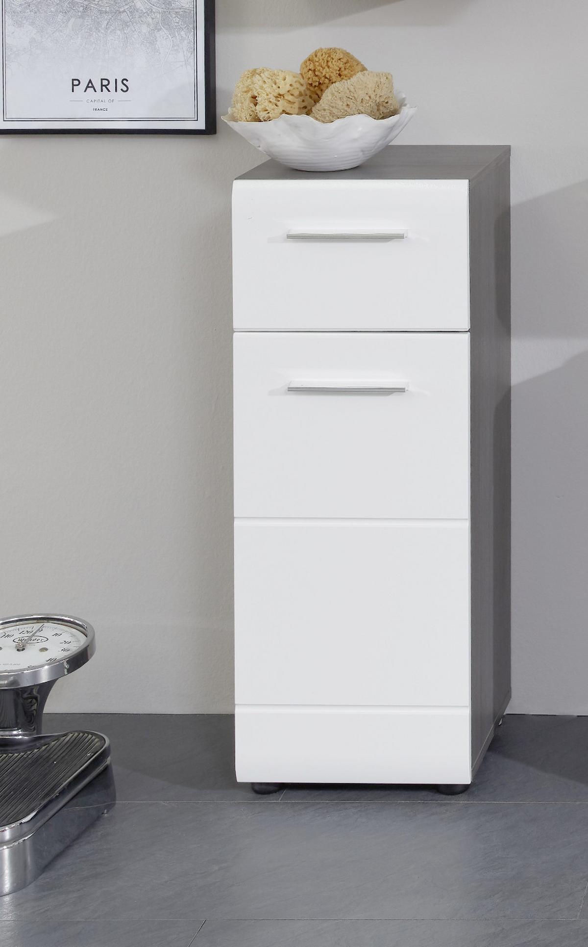 UNTERSCHRANK weiß Hochglanz, grau Rauchsilber, Badschrank 30 cm, Türanschlag wechselbar - Weiß Hochglanz/Silberfarben, Holzwerkstoff/Kunststoff (30/80/31cm) - Top.Furn