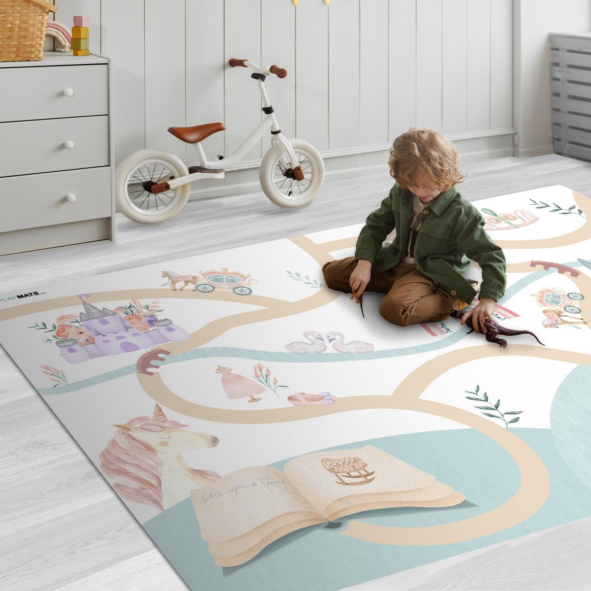 KINDERTEPPICH Prinzessin - Schloss - Blumen - Einhorn - Mädchen Spielteppich 180x120 cm - Weiß, Kunststoff (180/0.3cm) - OnlyWow