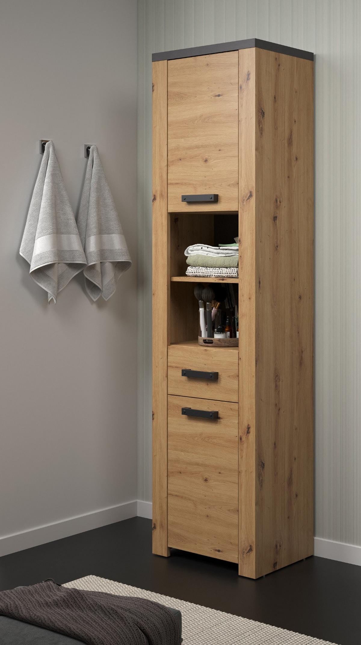 HOCHSCHRANK Eiche Artisan, grau 53 x 196 cm, Badschrank mit 6 Fächern und Vollauszug - Eichefarben/Schwarz, Holzwerkstoff/Kunststoff (53/196/35cm) - Top.Furn