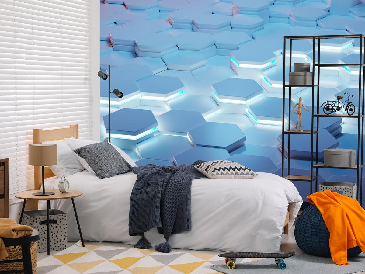 FOTOTAPETE für Jugendzimmer Blaue Neon Hexagone Formen Geometrie 500x350 - Blau/Weiß, Papier (500/350cm) - Muralo