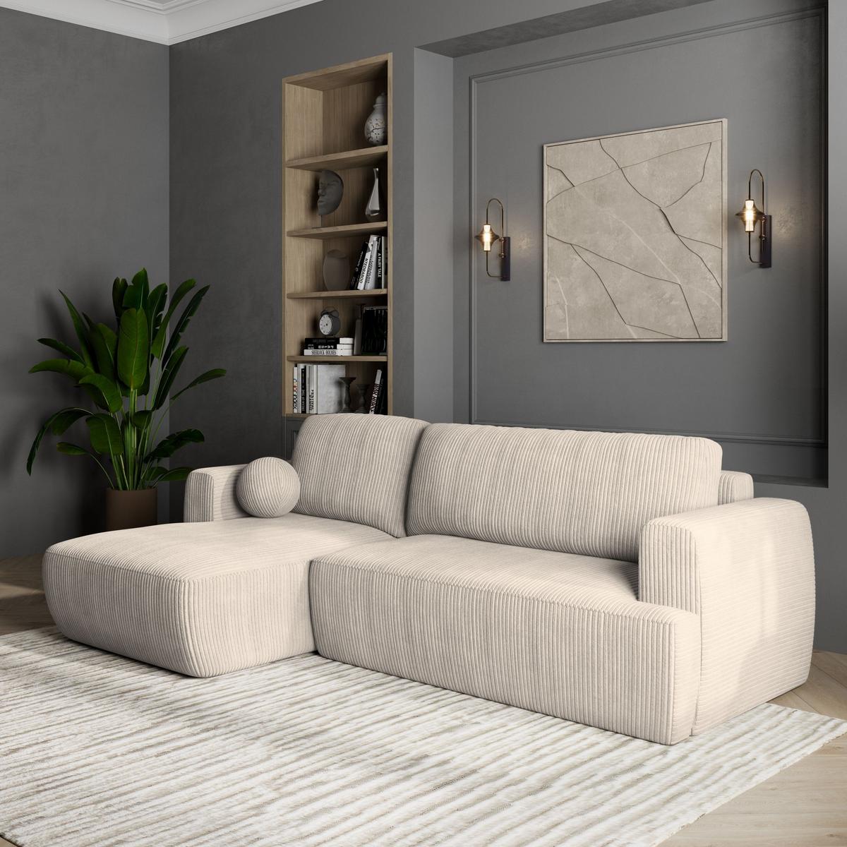 ECKSOFA SENTI P L-S Creme Kordstoff mit Schlaffunktion - Creme/Schwarz, Holz/Kunststoff (246/148cm) - MASSENO