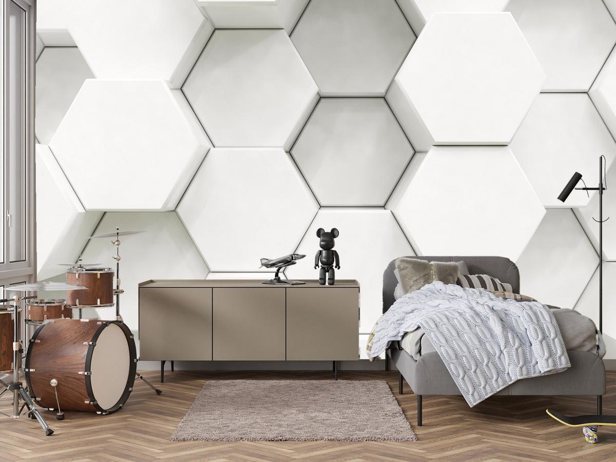 FOTOTAPETE für Wohnzimmer Hexagone Formen Geometrie 200x140 - Weiß/Grau, Papier (200/140cm) - Muralo