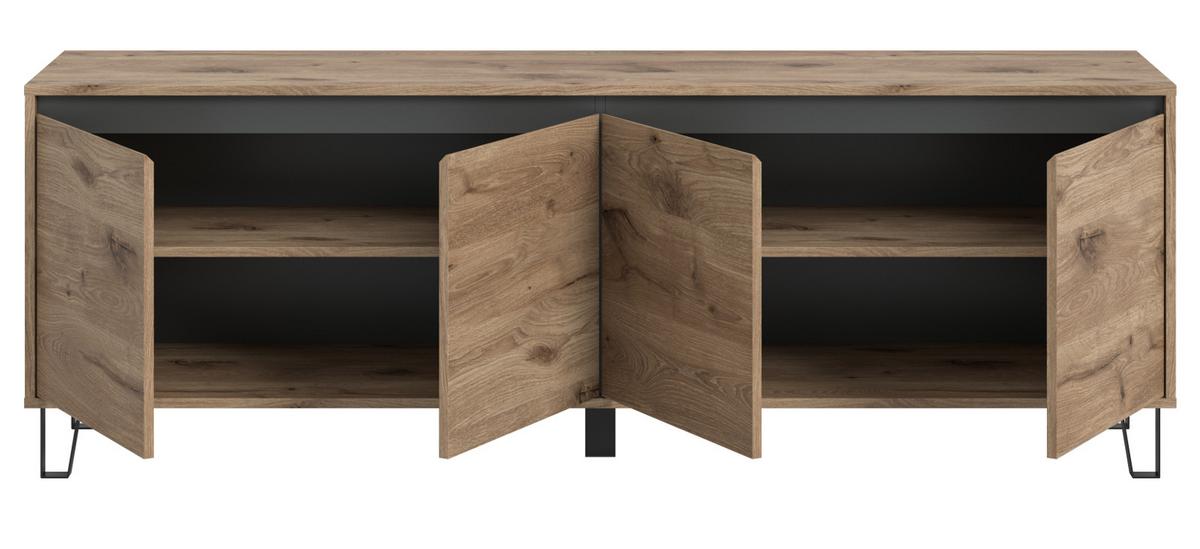 TV-LOWBOARD Eiche Viking 184 cm, Flat-TV Unterschrank mit Komforthöhe und Soft-Close - Eichefarben/Schwarz, Holz/Holzwerkstoff (184/64/40cm) - Inn.Furn