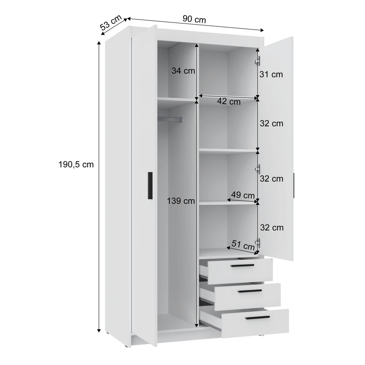 DREHTÜRENSCHRANK Elena mit 2 Türen und 3 Schubladen, mit Spiegel Eiche Geölt - Eichefarben, Holzwerkstoff (90/190/53cm) - Beautysofa