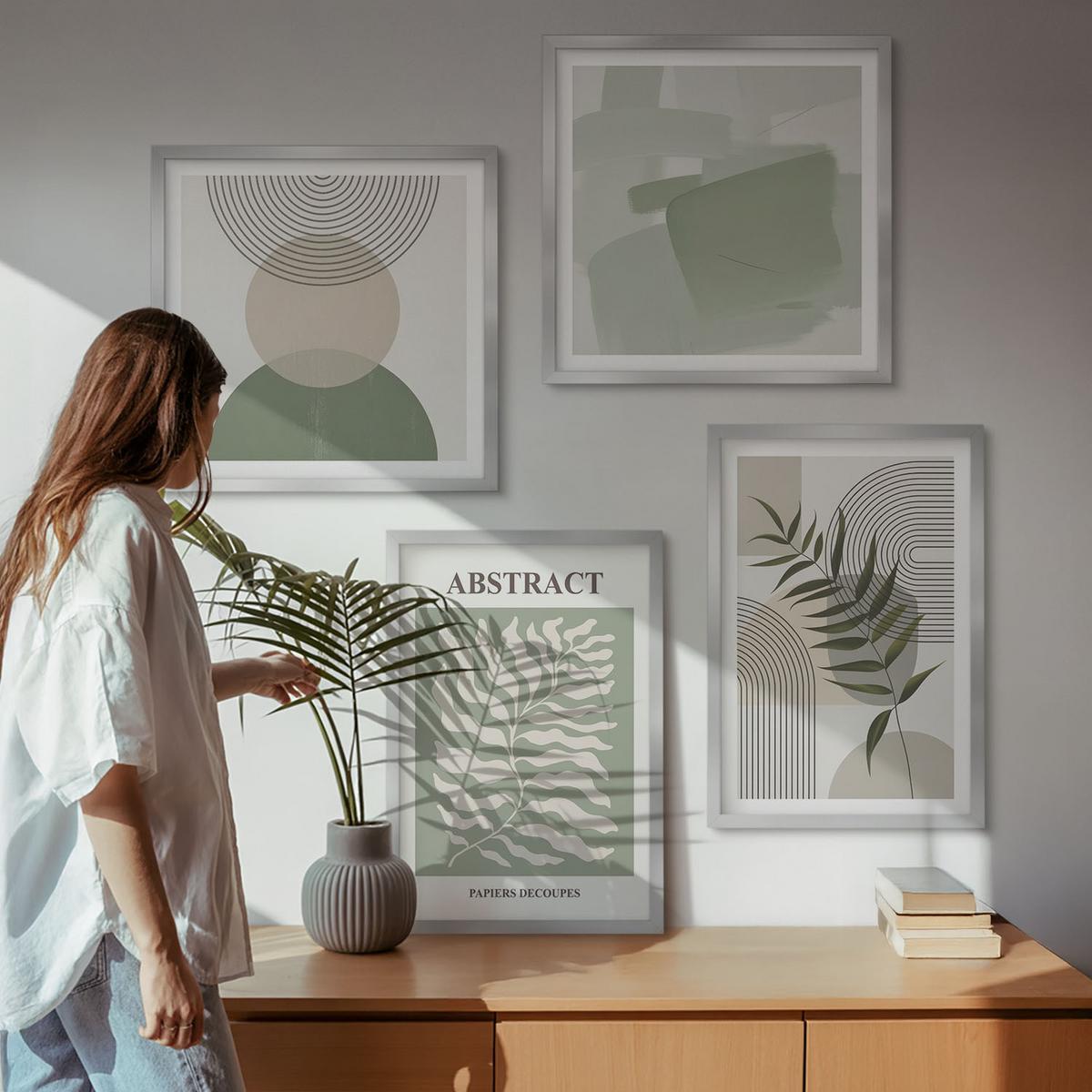 BILDER SET 4er Set - 50x50 cm & 40x60 cm Silberner Rahmen - Botanische Boho-Abstraktionen - Silberfarben, Kunststoff (50/50cm) - TULUP