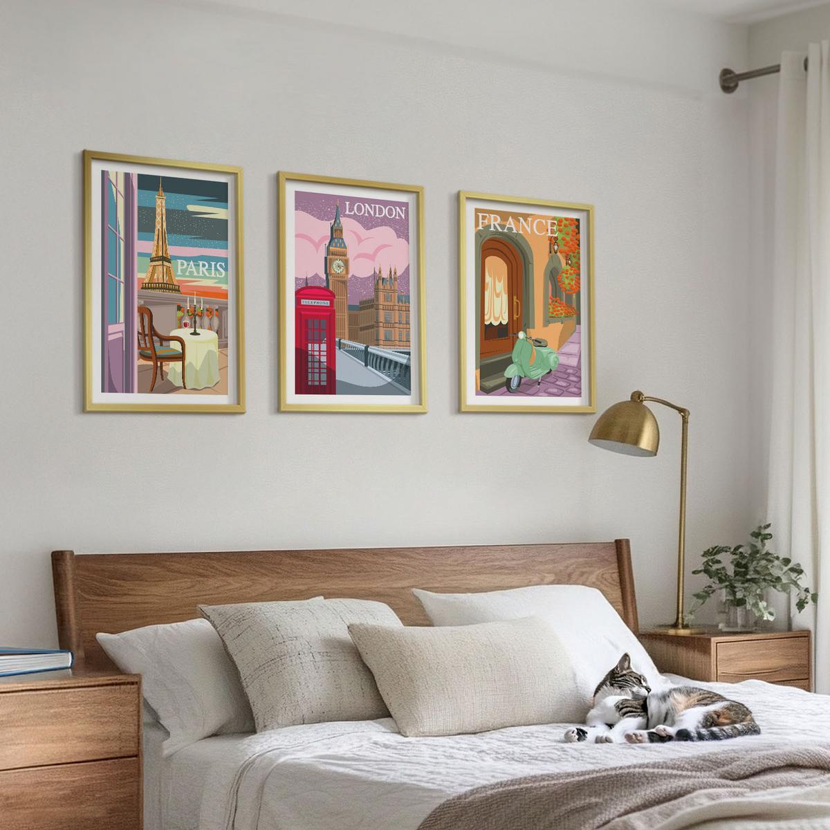 BILDER SET 3er Set - 40x60 cm Goldrahmen - Ansichten Paris London Retro - Goldfarben, Kunststoff (40/60cm) - TULUP