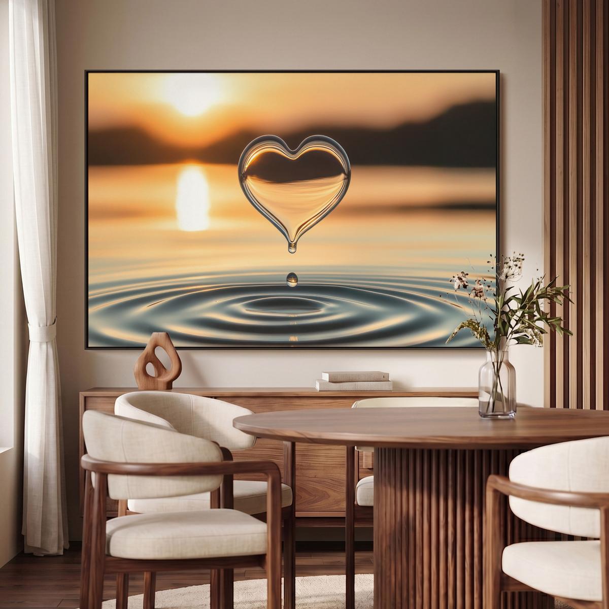 LEINWAND Bilder mit Rahmen - Herz - Wasser - Sonnenuntergang - Natur - Zen - 120x80 - Bernsteinfarben, Textil (120/80cm) - MuchoWow