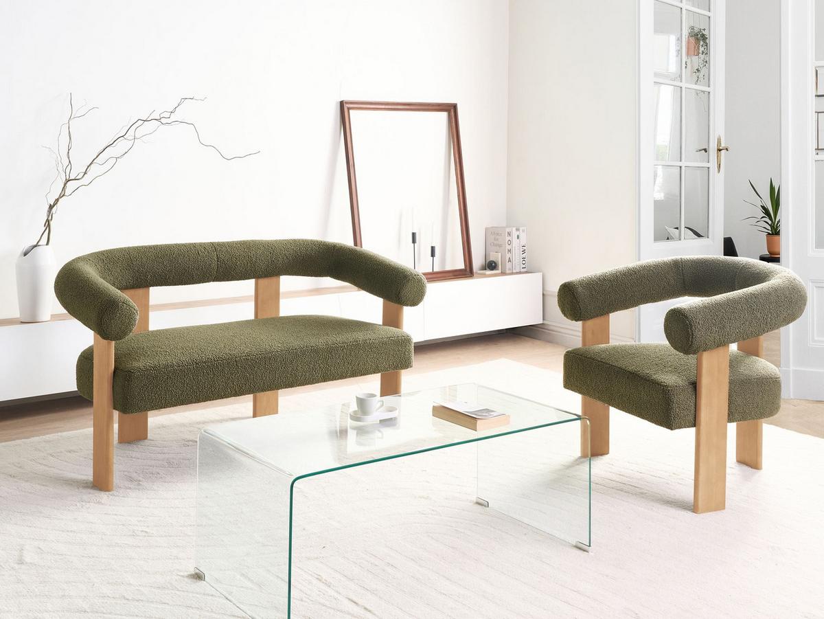 SOFA-SET Bouclé Grün/Hellbraun Ilbro - Olivgrün/Braun, Textil (138/76/68cm) - Beliani