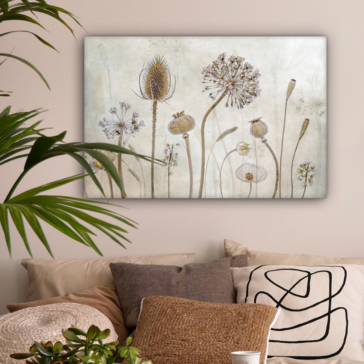 LEINWANDBILD Blumen - Aquarell - Stilleben - Braun - Vintage Gemälde 60x40 cm - Beige, Textil (60/40cm) - MuchoWow