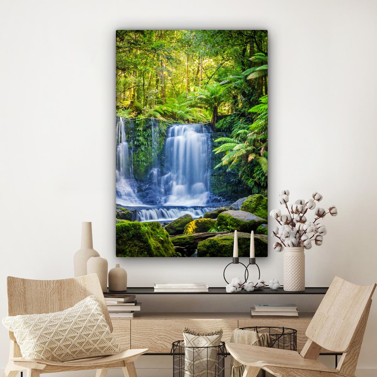 LEINWANDBILD Dschungel - Wasserfall - Australien - Pflanzen - Natur Deko XXL 80x120 cm - Dunkelgrün, Textil (80/120cm) - MuchoWow