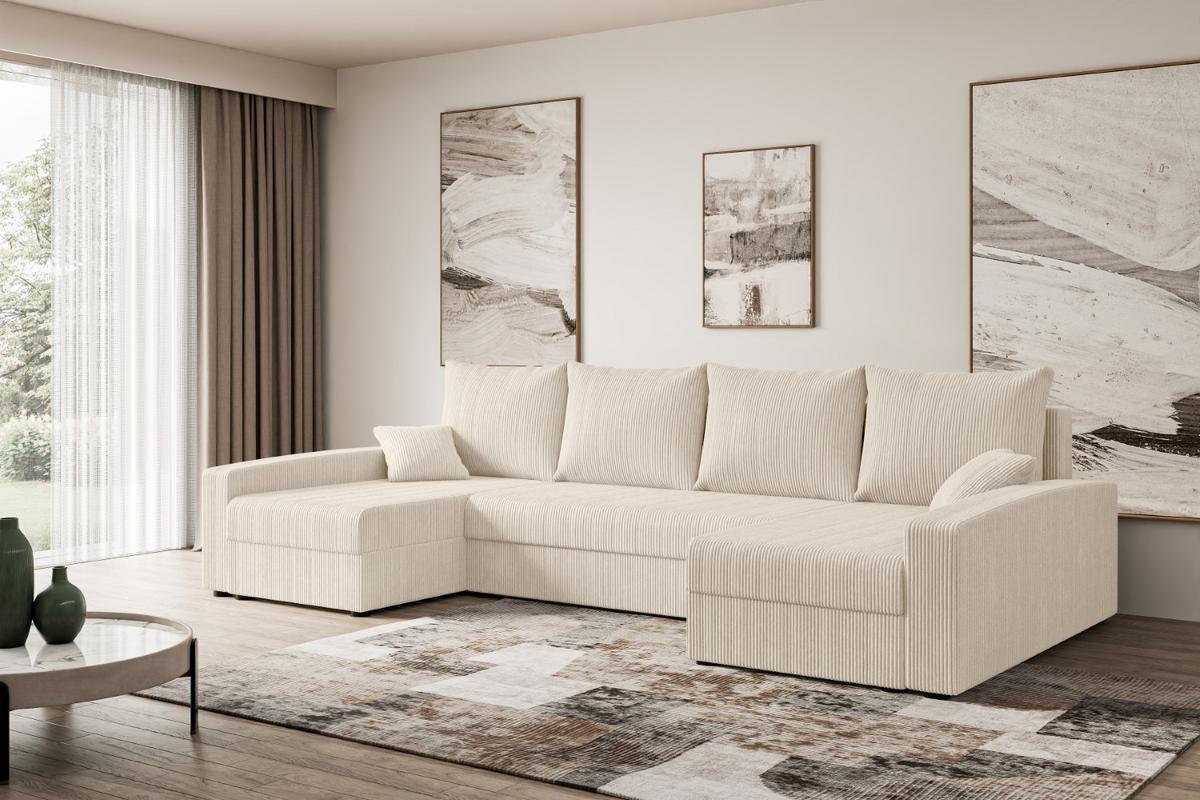 WOHNLANDSCHAFT mit Schlaffunktion und Bettkasten ALESIA-U 301x140x90 cm Beige Cord - Beige/Silberfarben, Holzwerkstoff/Kunststoff (301/90/140cm) - ALTDECOR